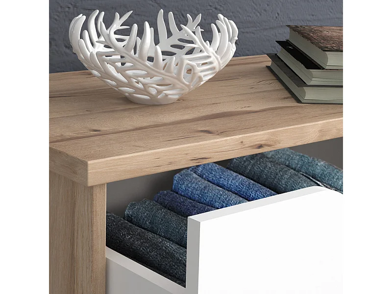 Commode 3 tiroirs décor chêne et blanc pieds bois massif - ALBANE