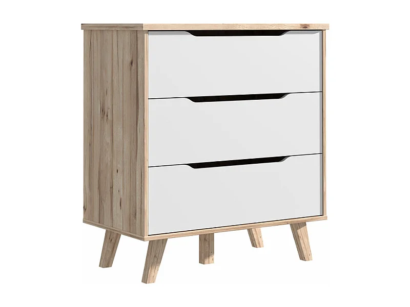 Commode 3 tiroirs décor chêne et blanc pieds bois massif - ALBANE