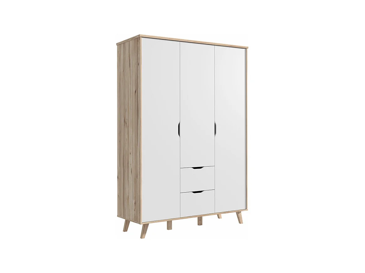 Armoire 3 portes 2 tiroirs décor chêne et blanc pieds bois - ALBANE