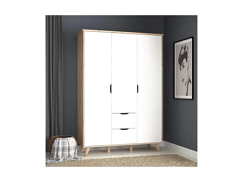 Armoire 3 portes 2 tiroirs décor chêne et blanc pieds bois - ALBANE