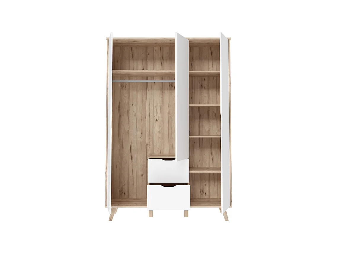 Armoire 3 portes 2 tiroirs décor chêne et blanc pieds bois - ALBANE