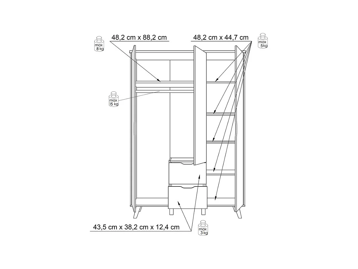 Armoire 3 portes 2 tiroirs décor chêne et blanc pieds bois - ALBANE