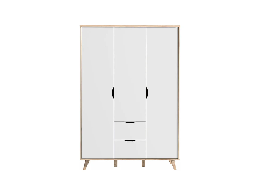 Armoire 3 portes 2 tiroirs décor chêne et blanc pieds bois - ALBANE