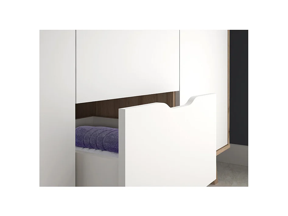 Armoire 3 portes 2 tiroirs décor chêne et blanc pieds bois - ALBANE