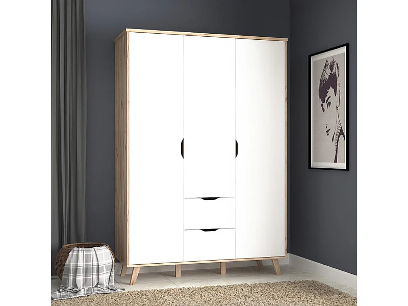 Armoire 3 portes 2 tiroirs décor chêne et blanc pieds bois - ALBANE