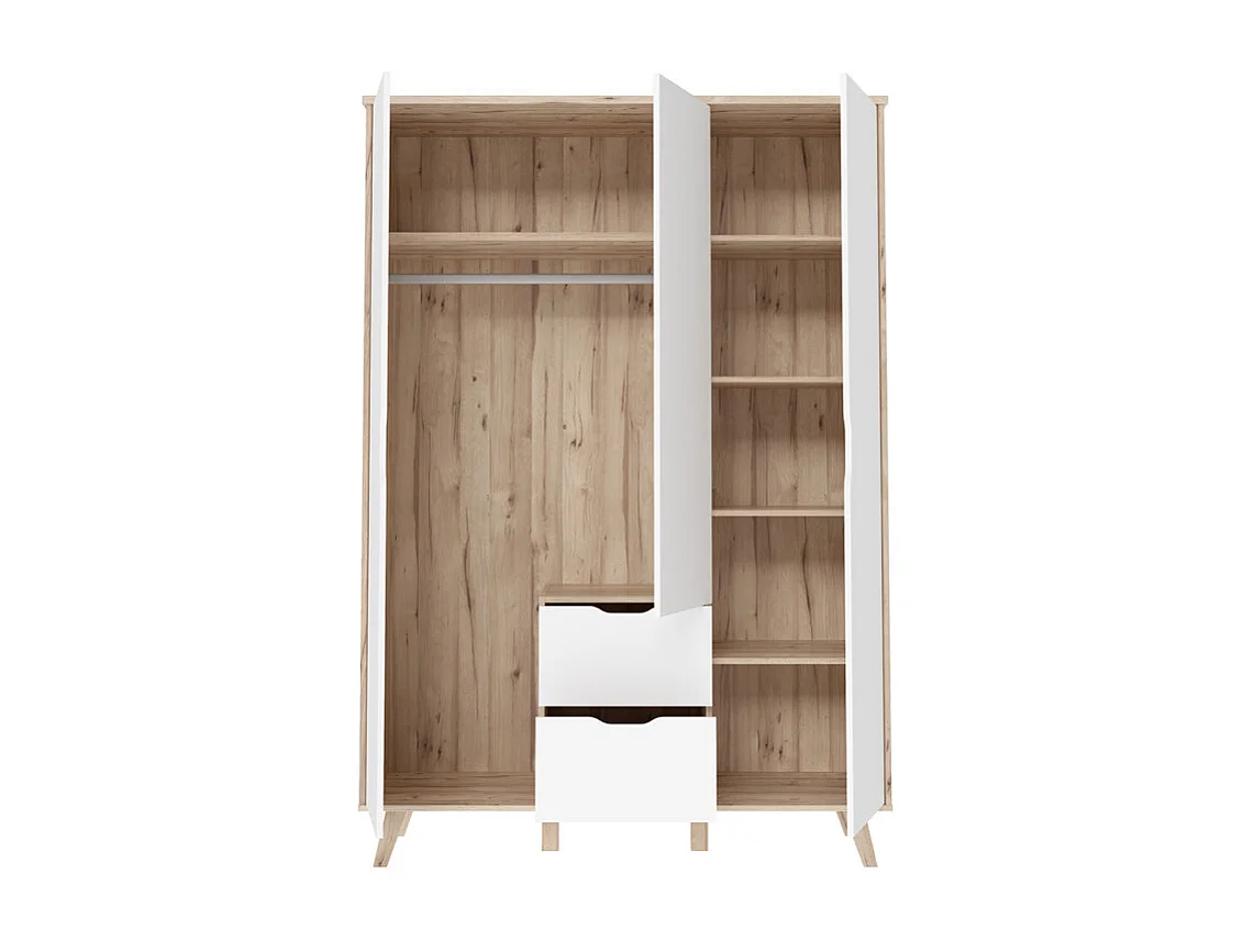 Armoire 3 portes 2 tiroirs décor chêne et blanc pieds bois - ALBANE