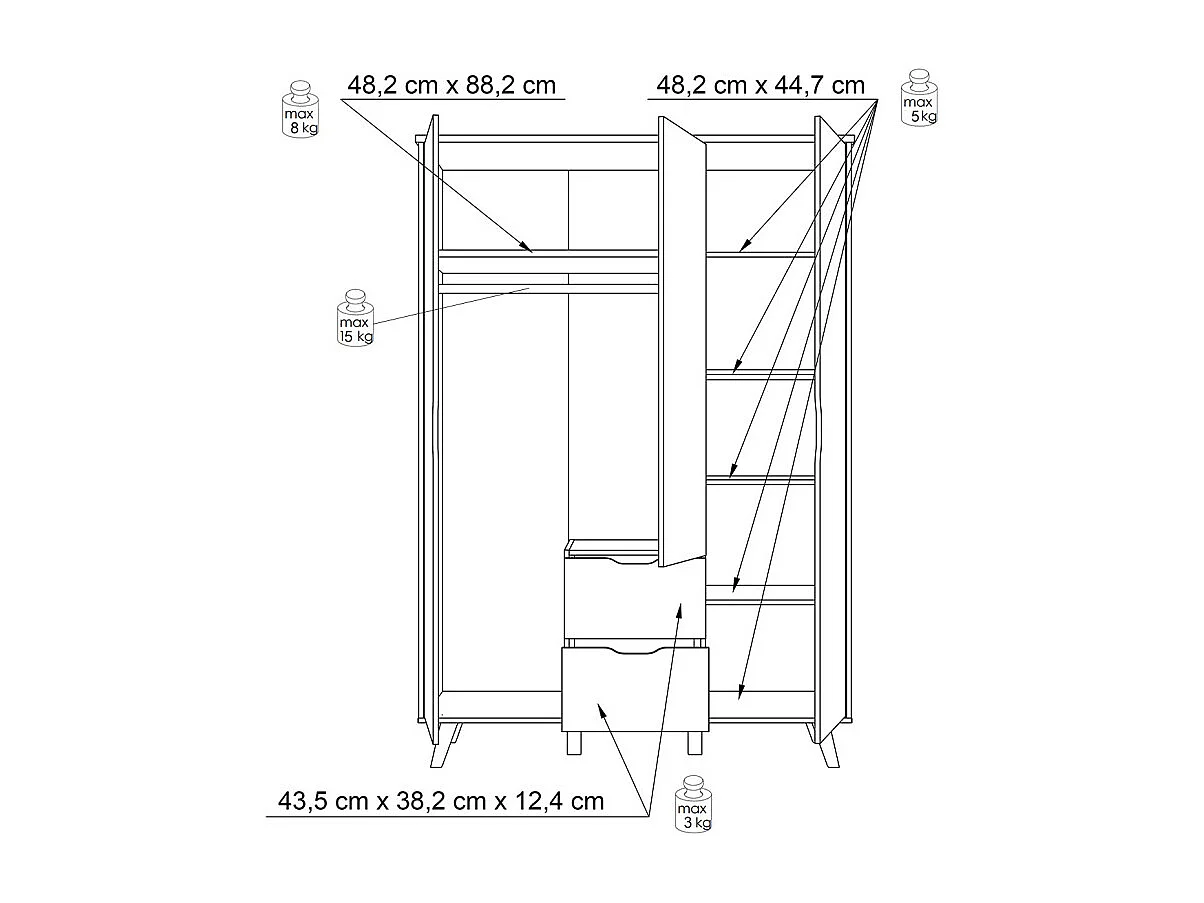 Armoire 3 portes 2 tiroirs décor chêne et blanc pieds bois - ALBANE