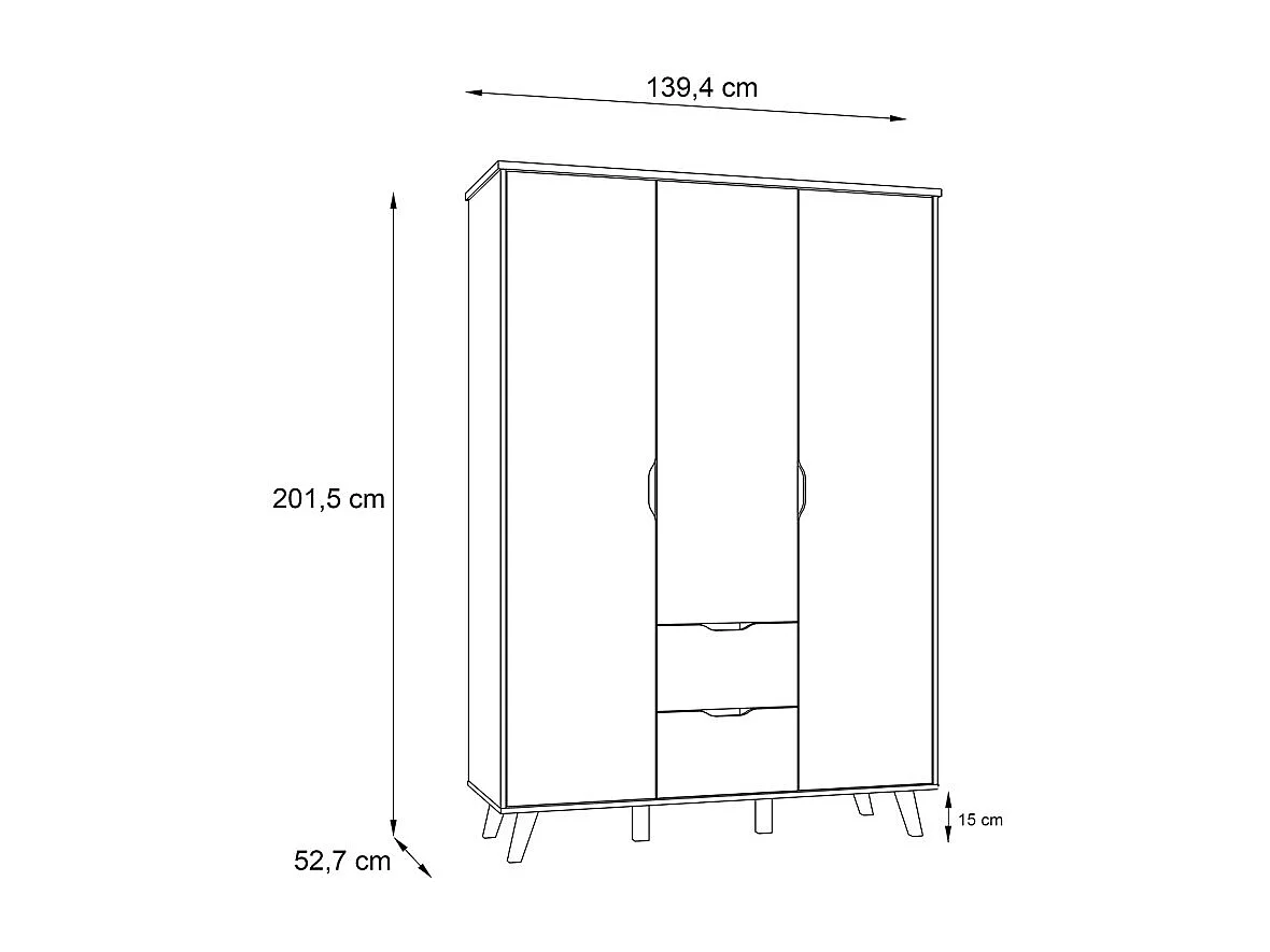 Armoire 3 portes 2 tiroirs décor chêne et blanc pieds bois - ALBANE