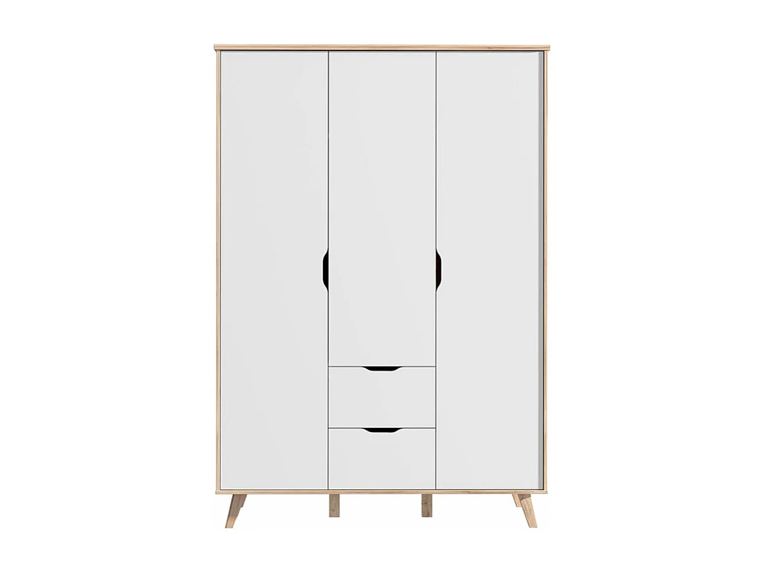 Armoire 3 portes 2 tiroirs décor chêne et blanc pieds bois - ALBANE