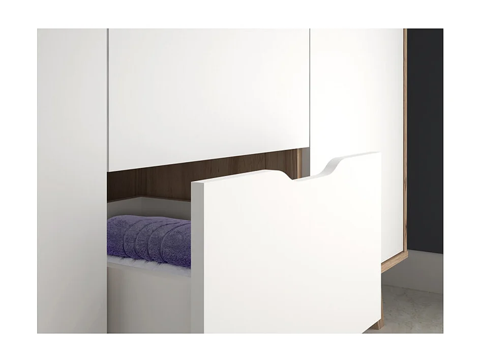 Armoire 3 portes 2 tiroirs décor chêne et blanc pieds bois - ALBANE