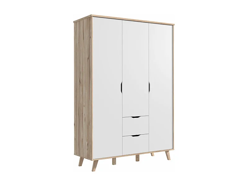 Armoire 3 portes 2 tiroirs décor chêne et blanc pieds bois - ALBANE