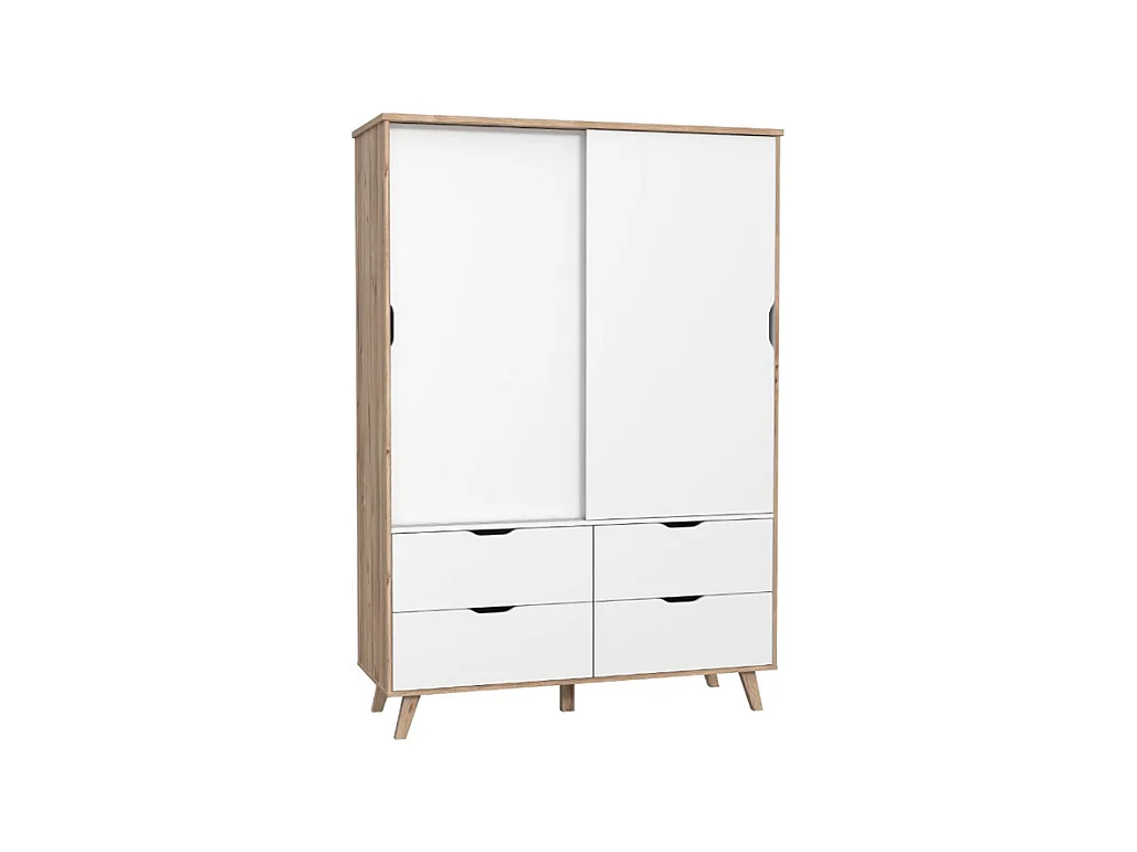 Armoire 2 portes coulissantes 4 tiroirs décor chêne et blanc - ALBANE