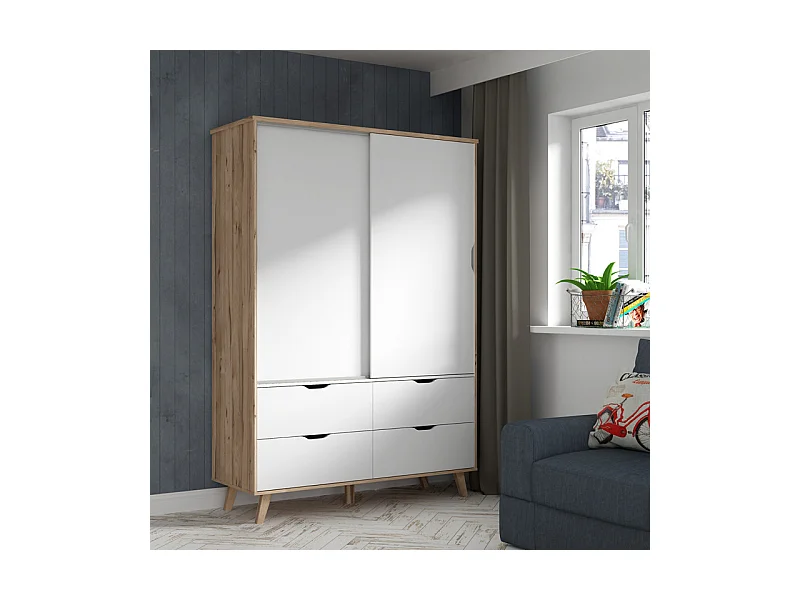 Armoire 2 portes coulissantes 4 tiroirs décor chêne et blanc - ALBANE
