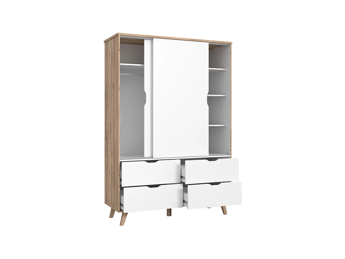 Armoire 2 portes coulissantes 4 tiroirs décor chêne et blanc - ALBANE