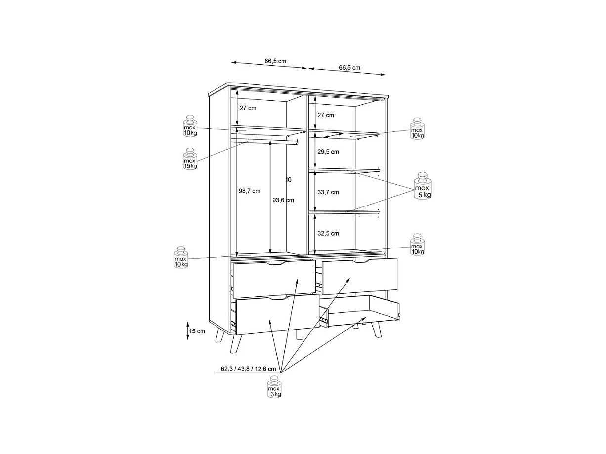 Armoire 2 portes coulissantes 4 tiroirs décor chêne et blanc - ALBANE