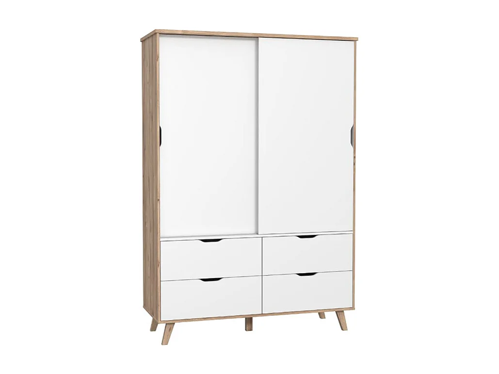 Armoire 2 portes coulissantes 4 tiroirs décor chêne et blanc - ALBANE