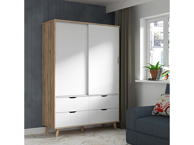 Armoire 2 portes coulissantes 4 tiroirs décor chêne et blanc - ALBANE