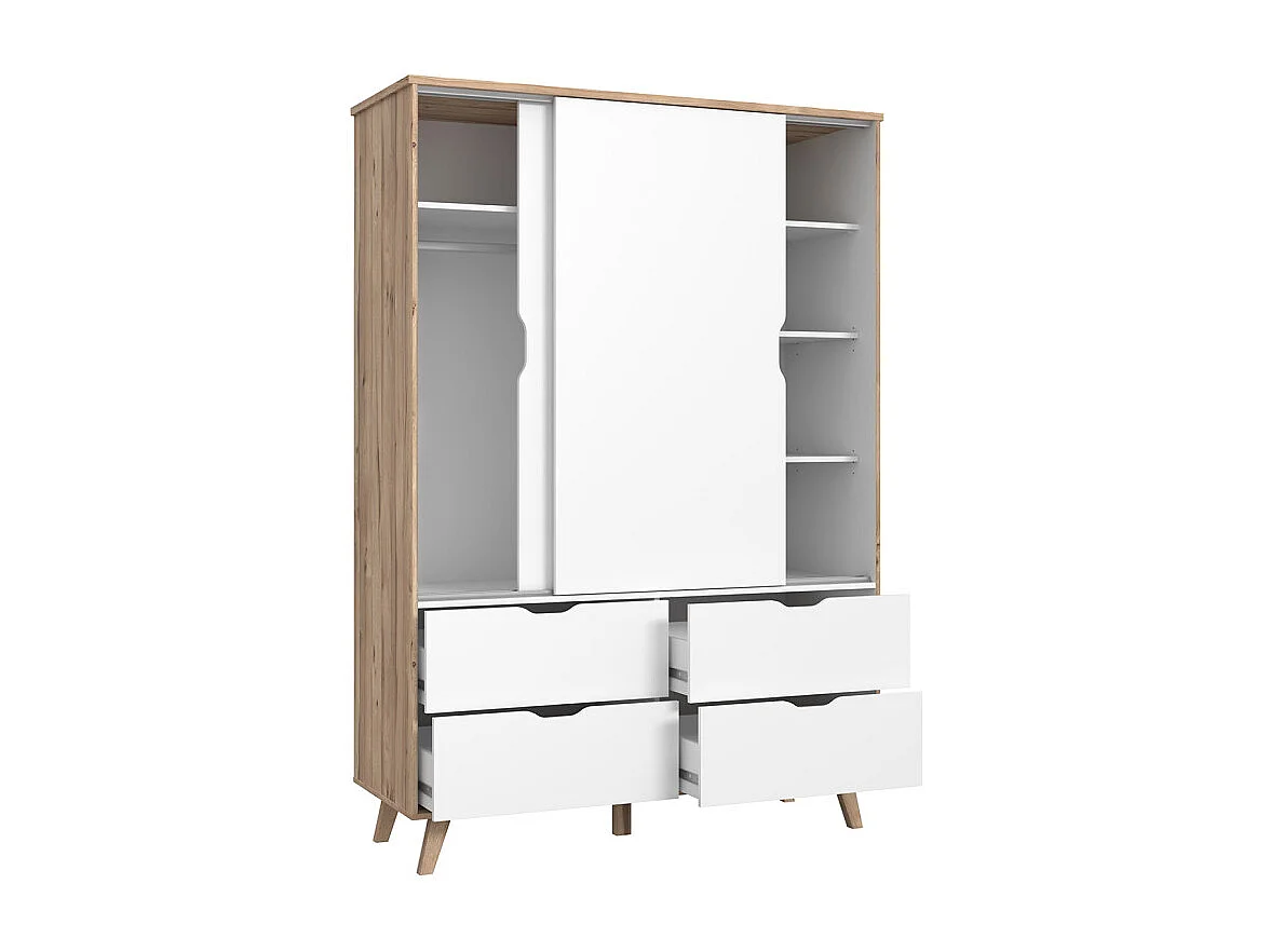 Armoire 2 portes coulissantes 4 tiroirs décor chêne et blanc - ALBANE