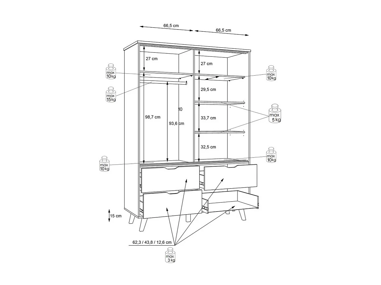 Armoire 2 portes coulissantes 4 tiroirs décor chêne et blanc - ALBANE