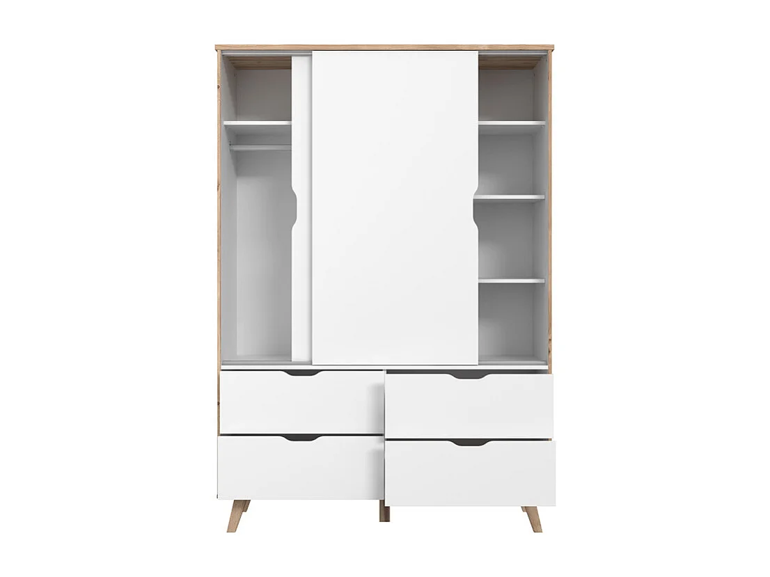 Armoire 2 portes coulissantes 4 tiroirs décor chêne et blanc - ALBANE