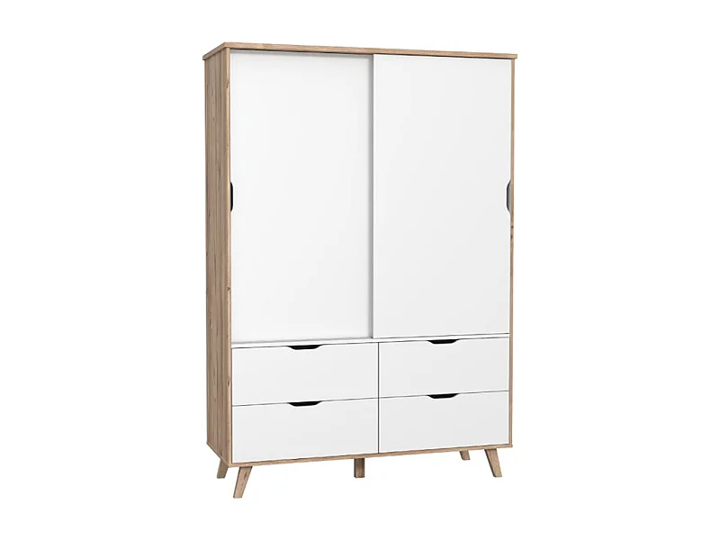 Armoire 2 portes coulissantes 4 tiroirs décor chêne et blanc - ALBANE