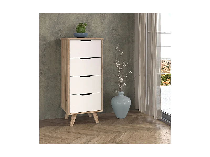 Chiffonnier 4 tiroirs décor chêne et blanc pieds bois massif - ALBANE