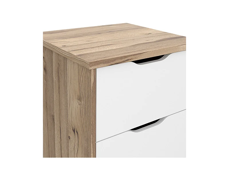 Chiffonnier 4 tiroirs décor chêne et blanc pieds bois massif - ALBANE