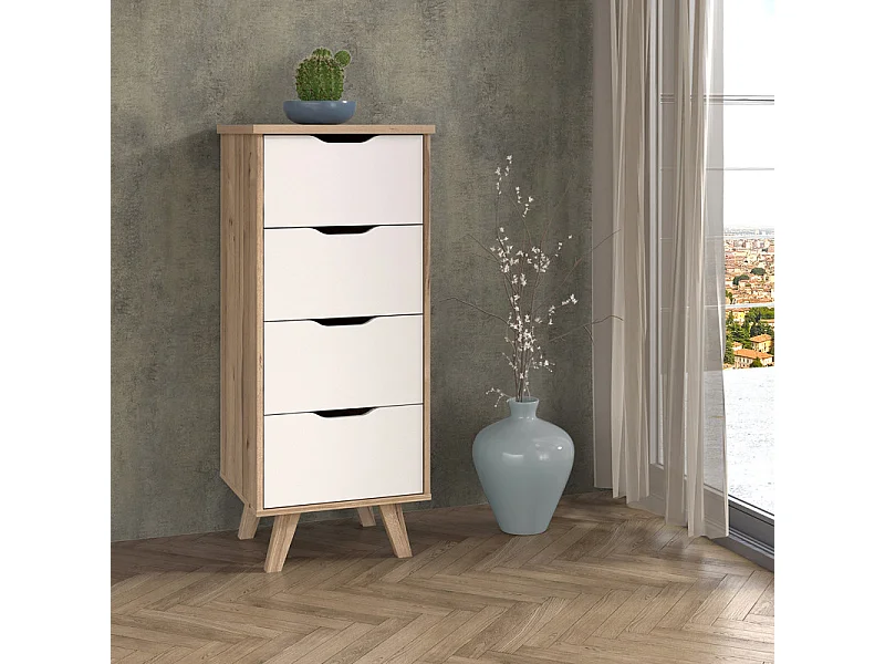 Chiffonnier 4 tiroirs décor chêne et blanc pieds bois massif - ALBANE