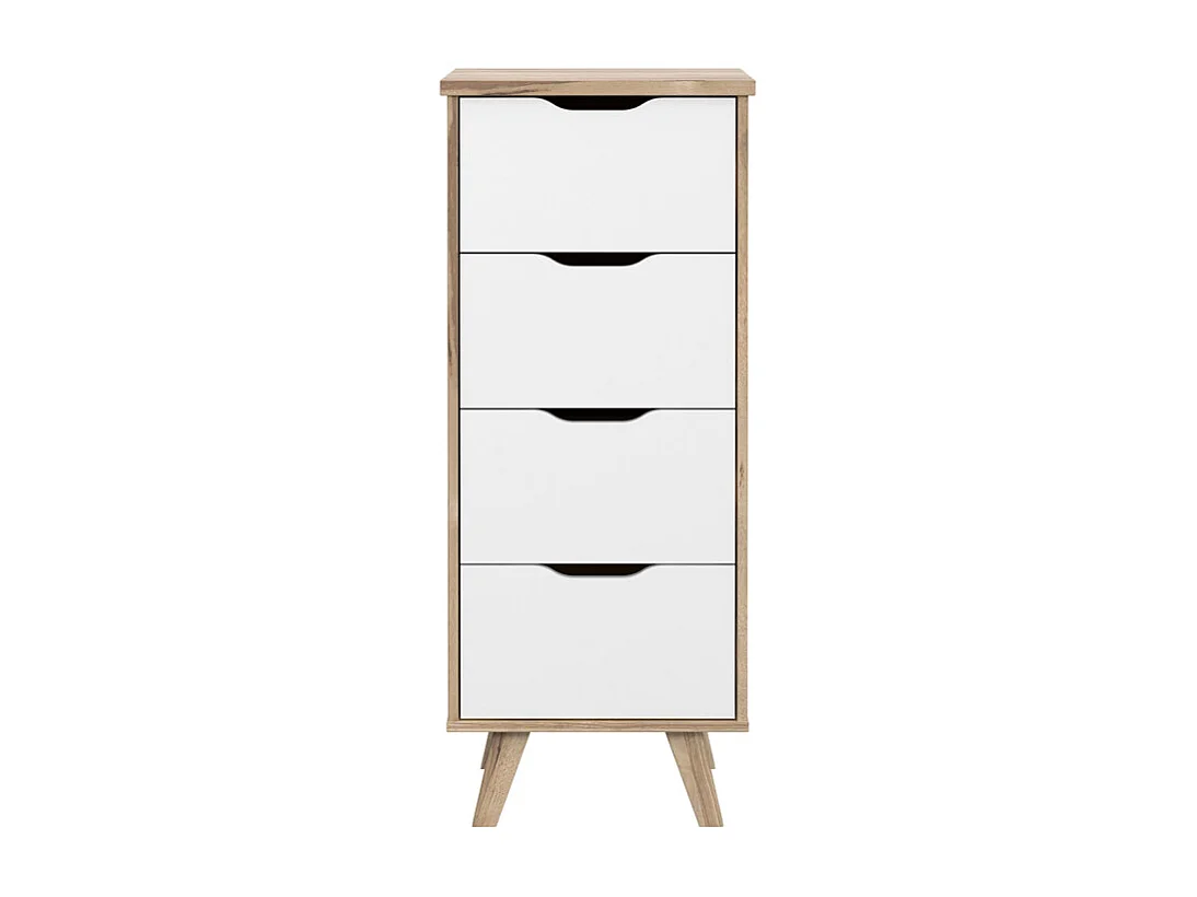 Chiffonnier 4 tiroirs décor chêne et blanc pieds bois massif - ALBANE