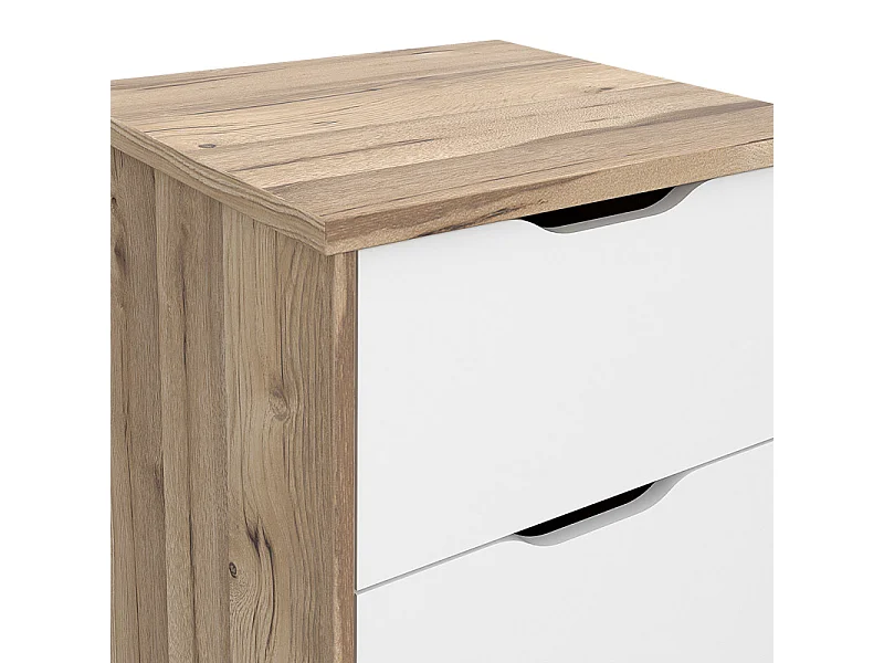 Chiffonnier 4 tiroirs décor chêne et blanc pieds bois massif - ALBANE