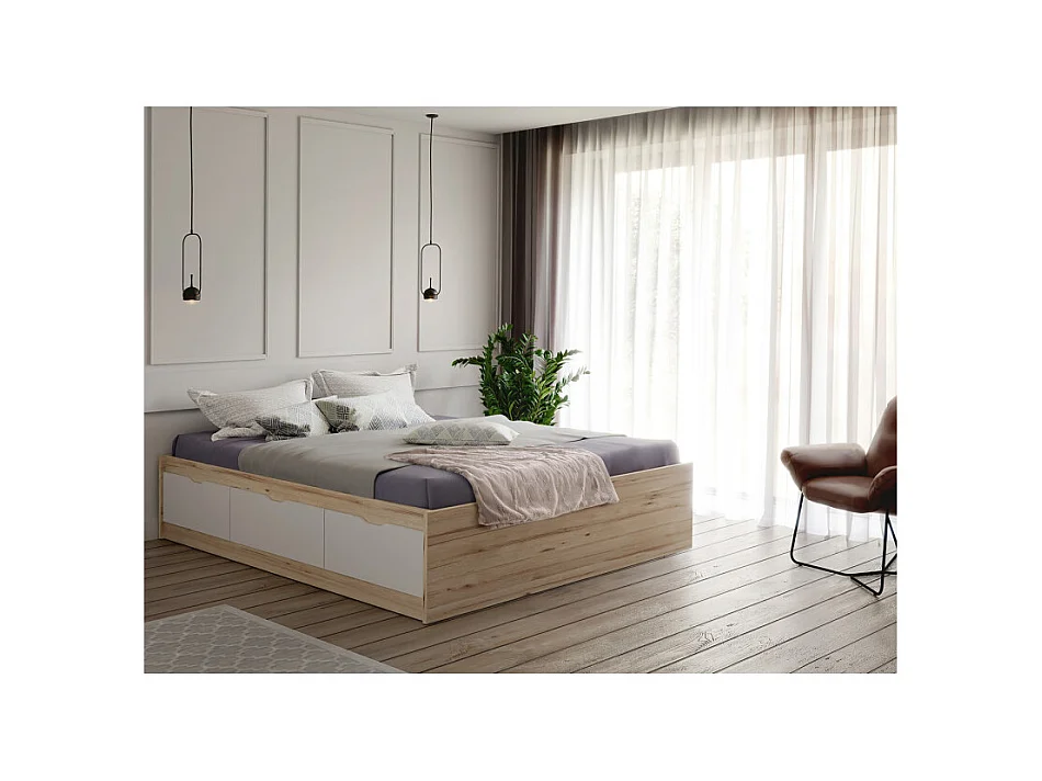 Lit 160 x 200 cm 3 tiroirs décor chêne naturel et blanc mat - ALBANE