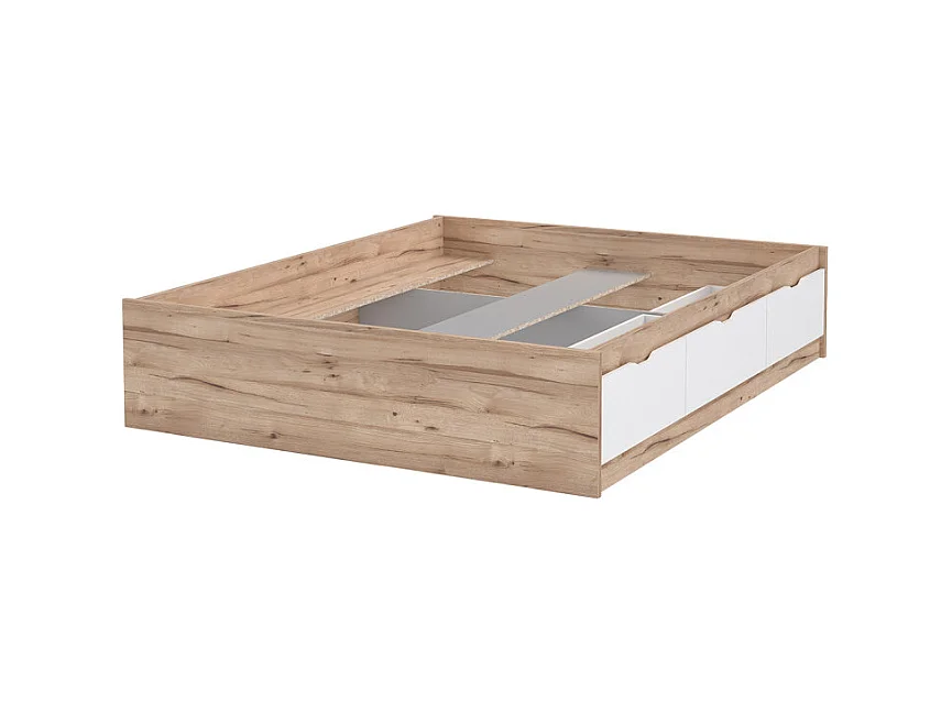 Lit 160 x 200 cm 3 tiroirs décor chêne naturel et blanc mat - ALBANE