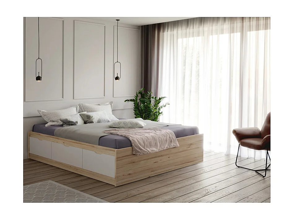 Lit 160 x 200 cm 3 tiroirs décor chêne naturel et blanc mat - ALBANE