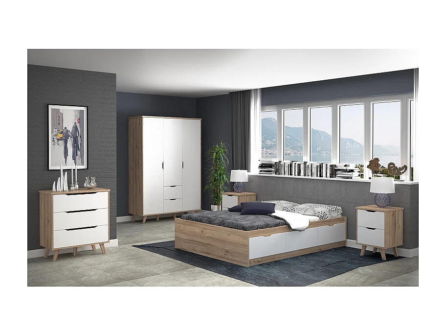 Lit 160 x 200 cm 3 tiroirs décor chêne naturel et blanc mat - ALBANE