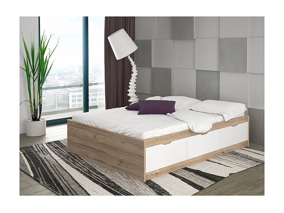 Lit 140 x 190 cm 3 tiroirs décor chêne naturel et blanc mat - ALBANE