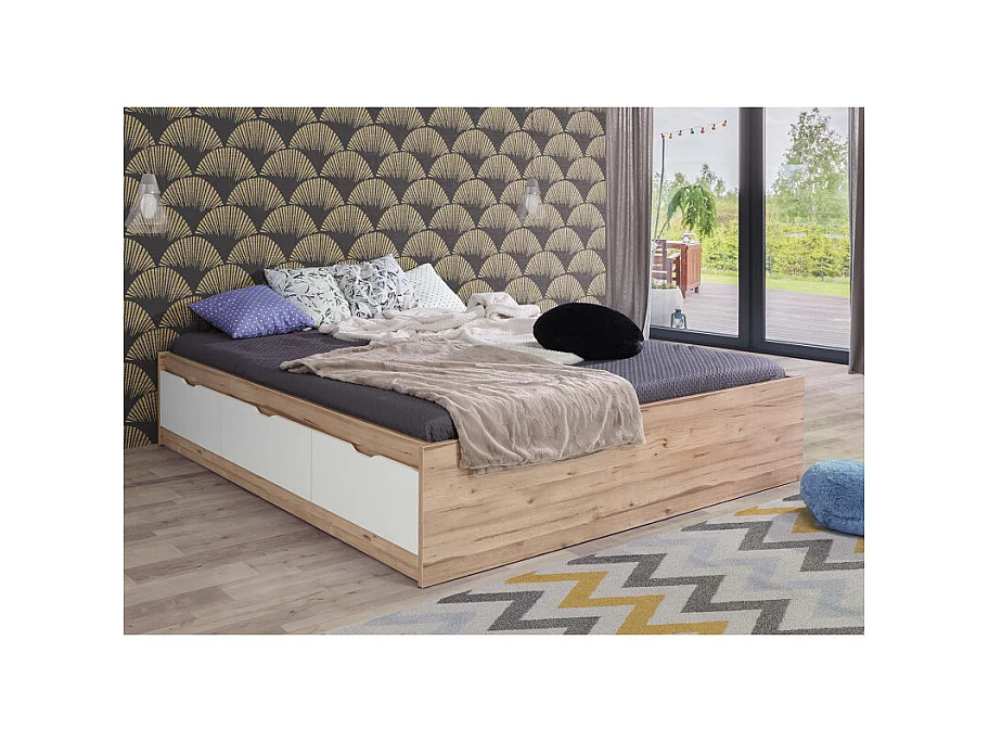 Lit 180 x 200 cm 3 tiroirs décor chêne naturel et blanc mat - ALBANE