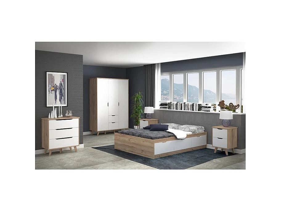 Lit 180 x 200 cm 3 tiroirs décor chêne naturel et blanc mat - ALBANE