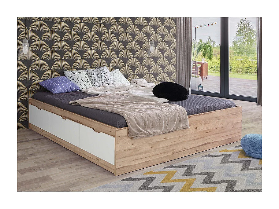 Lit 180 x 200 cm 3 tiroirs décor chêne naturel et blanc mat - ALBANE