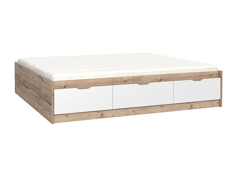 Lit 180 x 200 cm 3 tiroirs décor chêne naturel et blanc mat - ALBANE