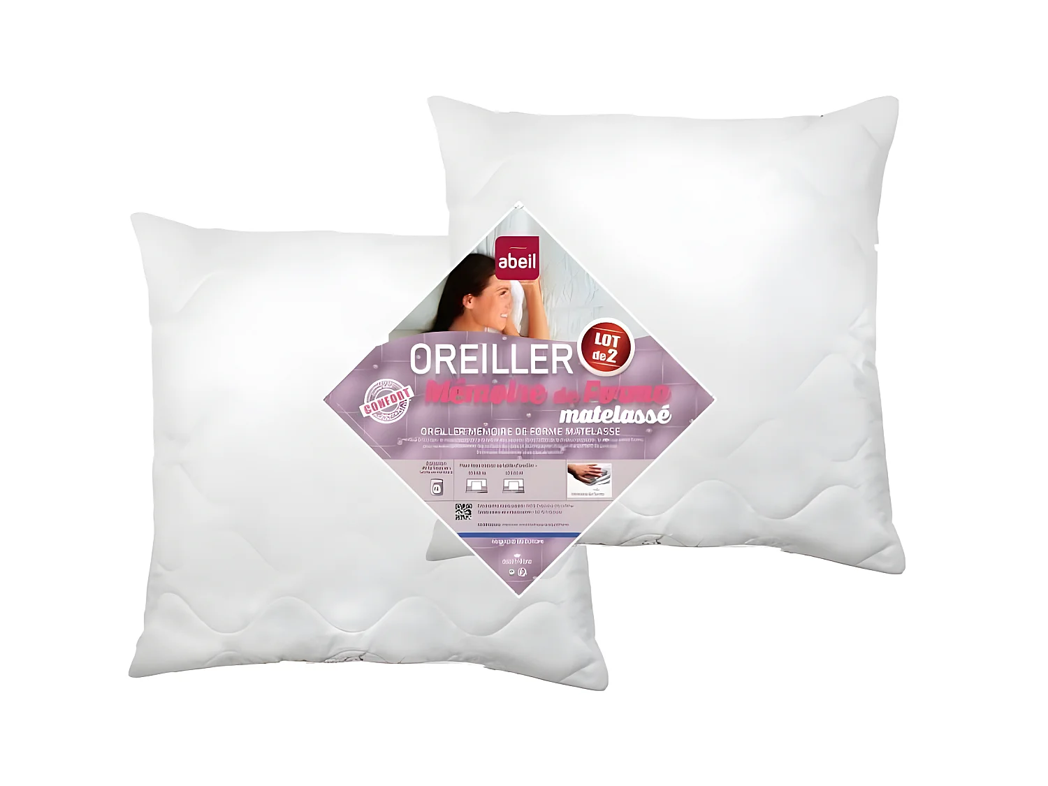 2 oreillers blanc à mémoire de forme matelassés 60 x 60 cm