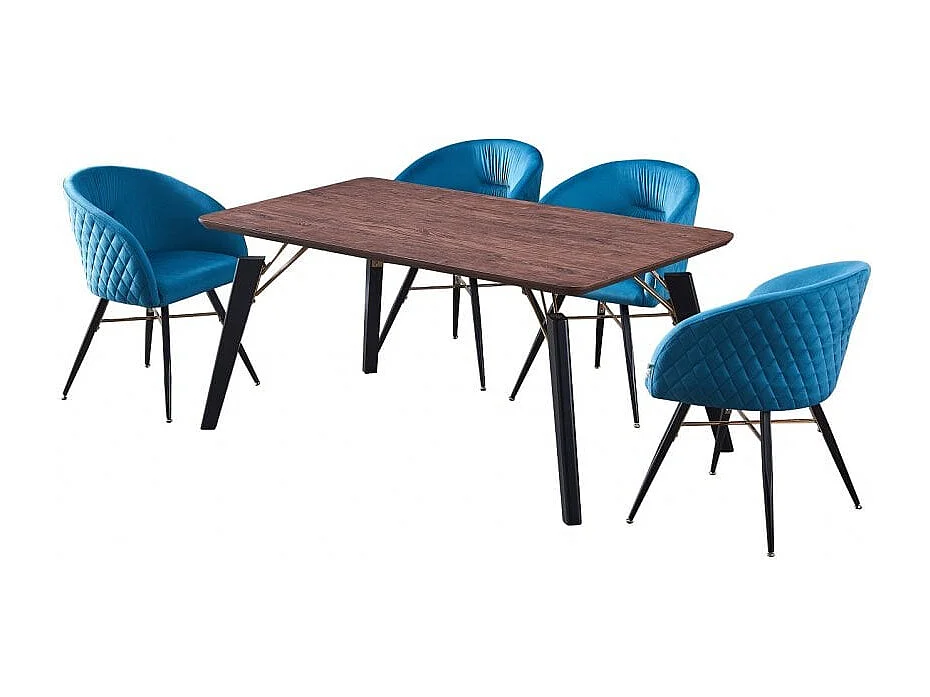 VITTORIO COSMO - Ensemble Table à Manger Rectangulaire Coloris Noyer + 4 Chaises en Velours Bleu