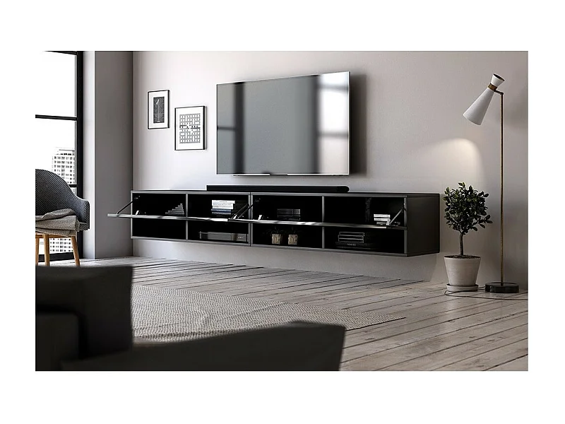 Mueble para TV colgante diseño CLUJ, 200 cm, 2 puertas y 4 nichos, color negro y negro brillante.