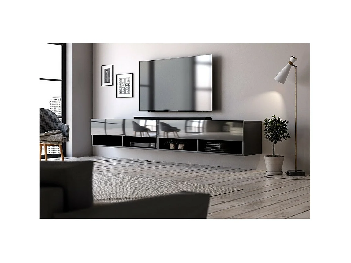 Mueble para TV colgante diseño CLUJ, 200 cm, 2 puertas y 4 nichos, color negro y negro brillante.