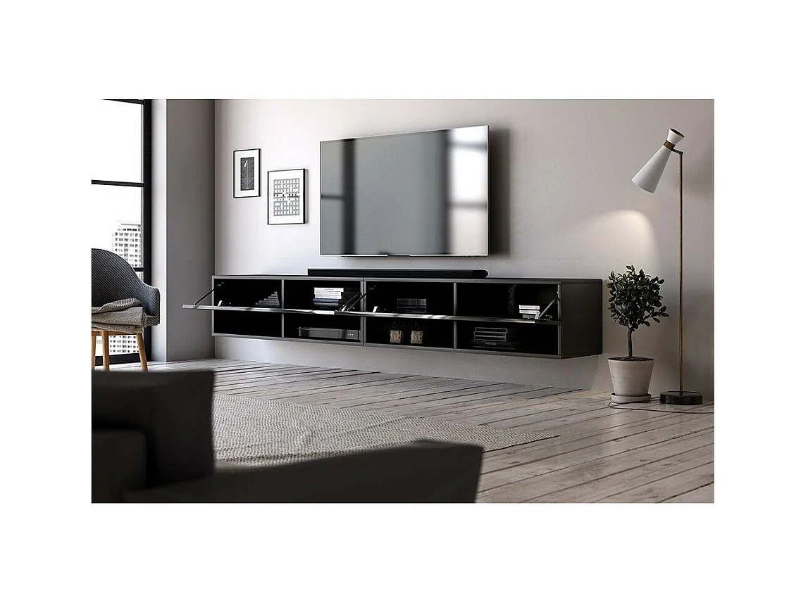 Meuble TV suspendu design CLUJ, 200 cm, 2 portes et 4 niches, coloris noir et noir brillant.