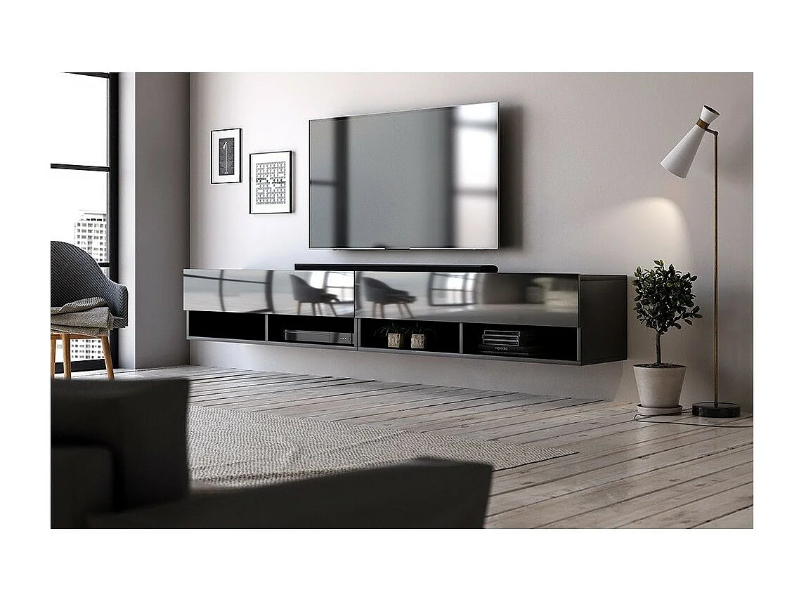 Meuble TV suspendu design CLUJ, 200 cm, 2 portes et 4 niches, coloris noir et noir brillant.