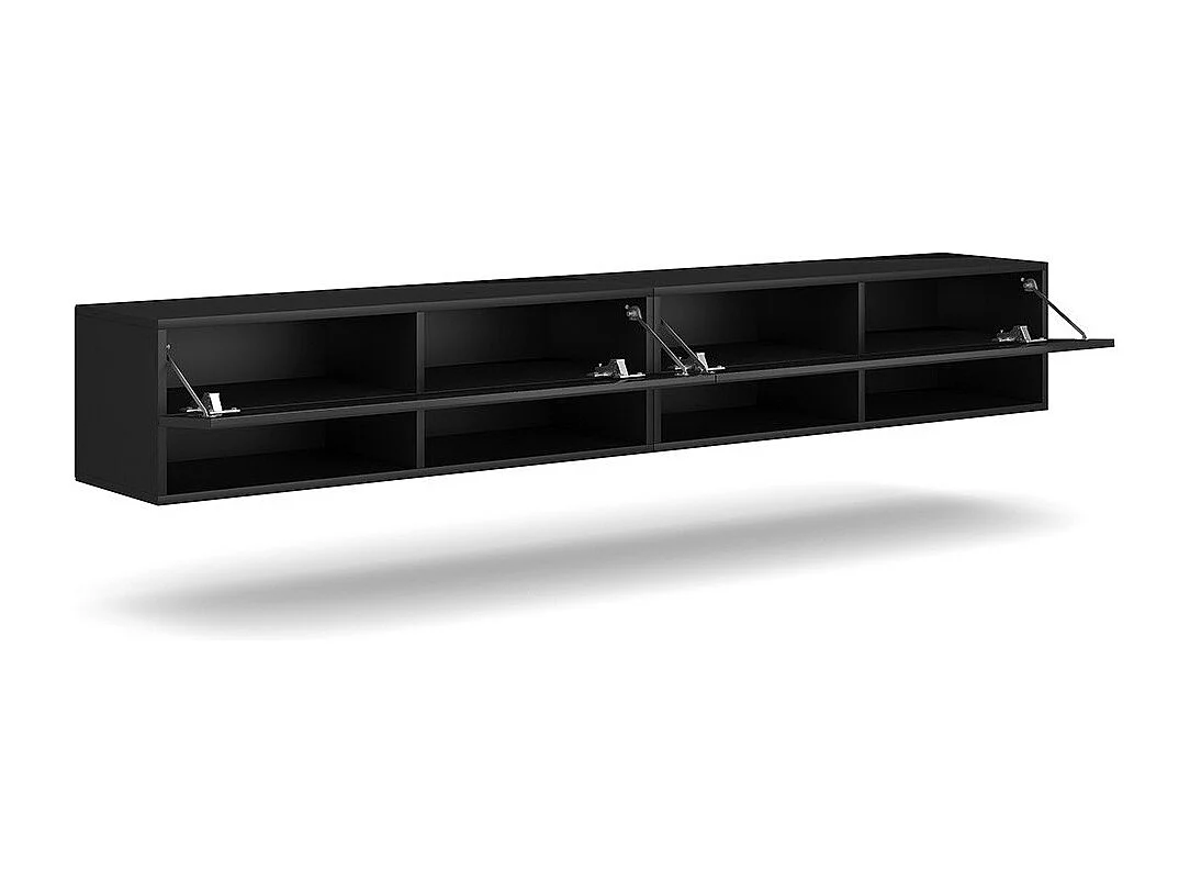 Meuble TV suspendu design CLUJ, 200 cm, 2 portes et 4 niches, coloris noir et noir brillant.