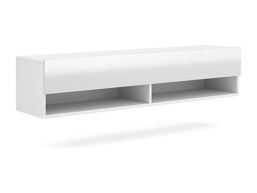 Meuble TV suspendu design CLUJ, 140 cm, 1 porte et 2 niches, coloris blanc et blanc brillant.