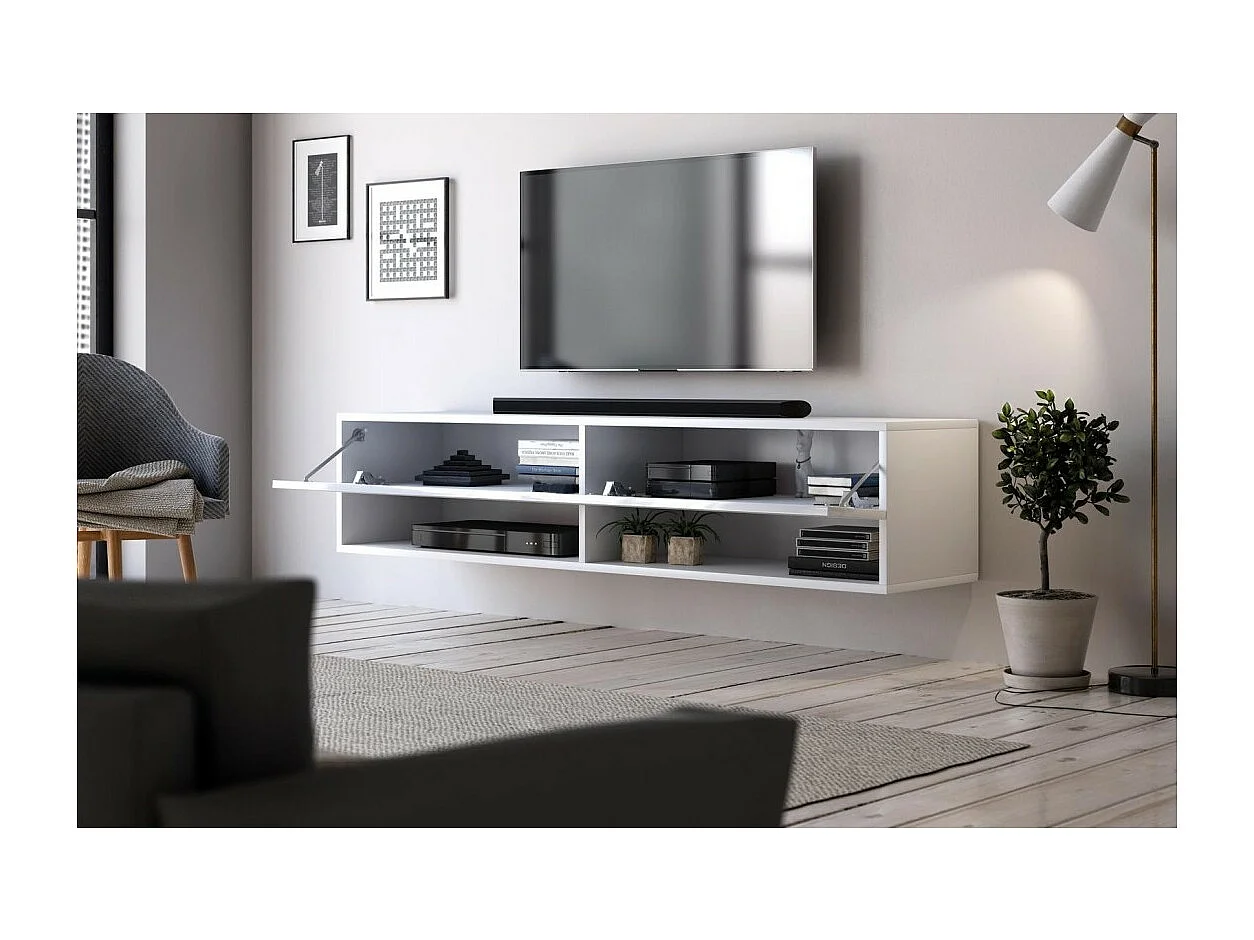 Meuble TV suspendu design CLUJ, 140 cm, 1 porte et 2 niches, coloris blanc et blanc brillant.