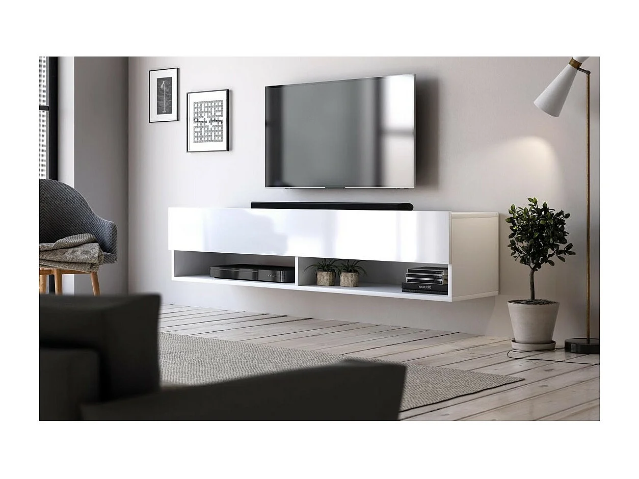 Meuble TV suspendu design CLUJ, 140 cm, 1 porte et 2 niches, coloris blanc et blanc brillant.