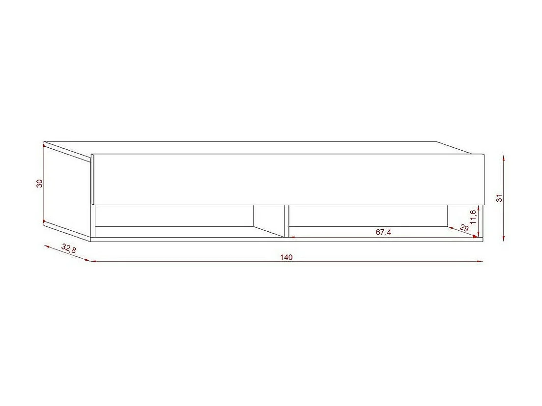 Meuble TV suspendu design CLUJ, 140 cm, 1 porte et 2 niches, coloris blanc et blanc brillant.